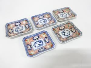 古伊万里　染付　色絵　四方皿　5客